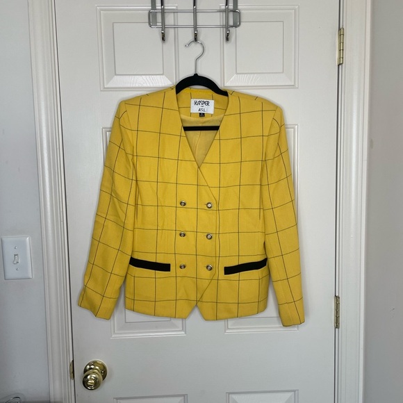 Vintage Kasper Skirt Suit Set Yellow Windowpane Blazer & Black Pencil Skirt | 6 - Picture 11 of 16